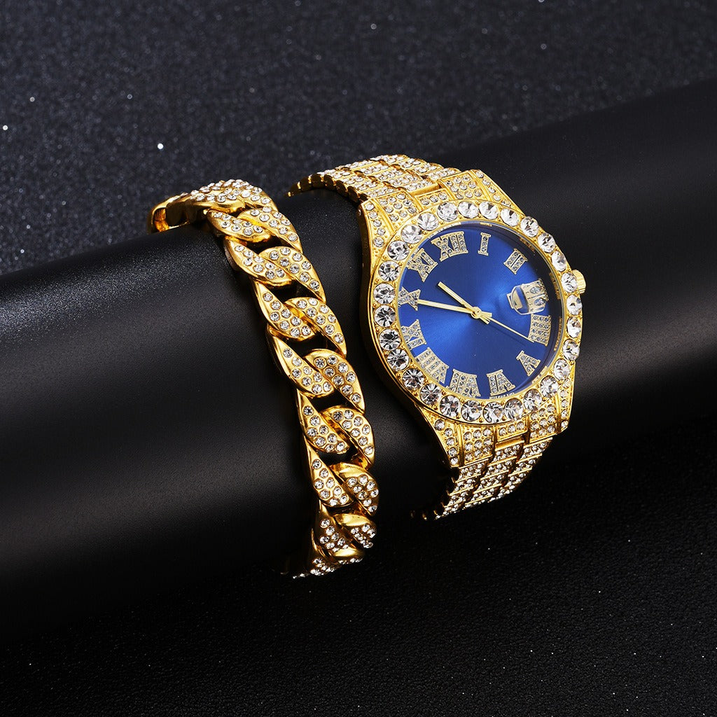 New Full Diamond Fashion Hip Hop Steel Band Watch Chain Gift Box Cuban Bracelet Fashion Gift Men's Watch