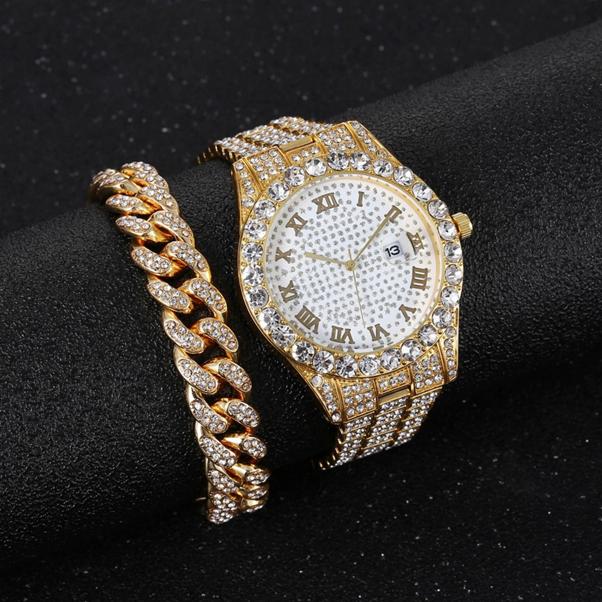 New Full Diamond Fashion Hip Hop Steel Band Watch Chain Gift Box Cuban Bracelet Fashion Gift Men's Watch