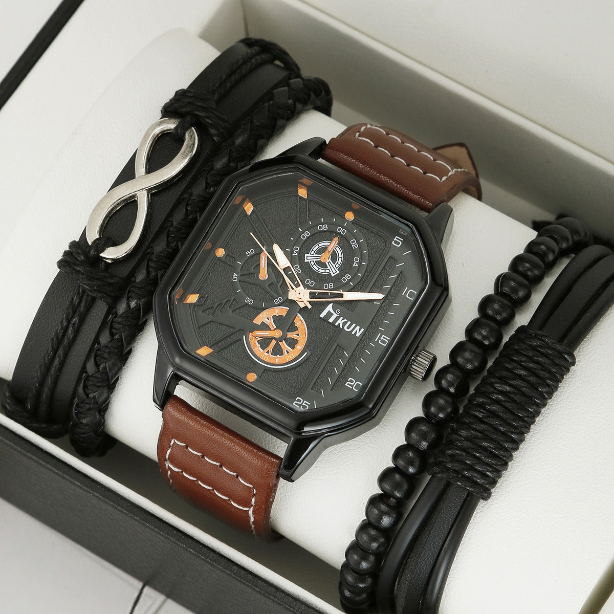 Moda nuevo reloj de cuarzo conjunto de pulsera deportiva informal con cinturón cuadrado de concha de doble capa para hombre