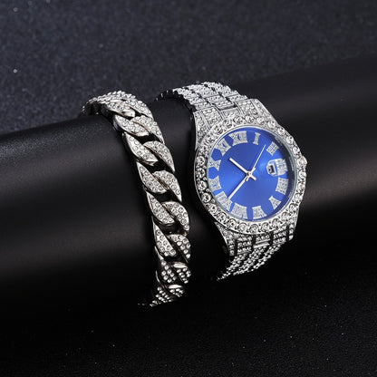 New Full Diamond Fashion Hip Hop Steel Band Watch Chain Gift Box Cuban Bracelet Fashion Gift Men's Watch