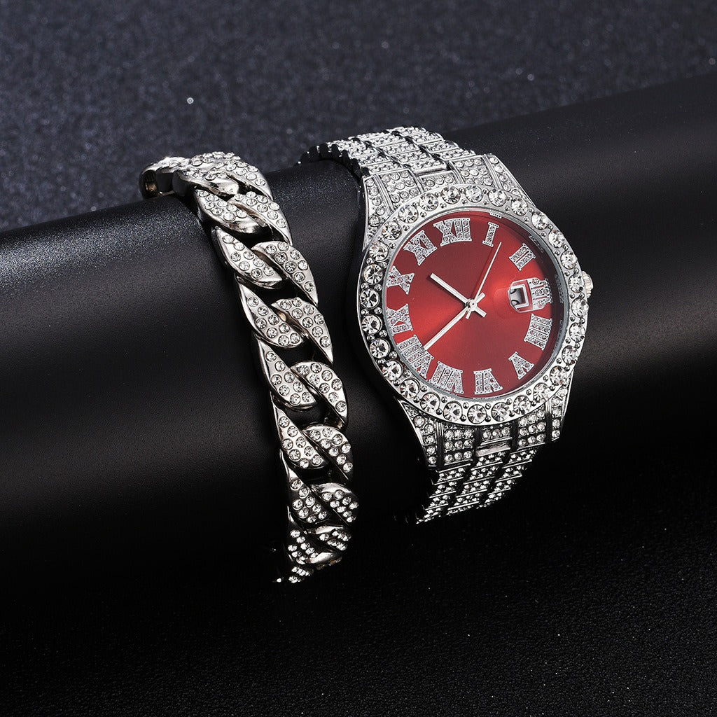 Nuevo reloj con banda de acero Hip Hop a la moda con diamantes completos, caja de regalo con cadena, pulsera cubana, regalo de moda, reloj para hombre