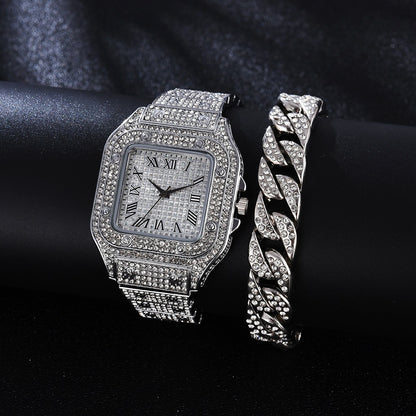 New Full Diamond Fashion Hip Hop Steel Band Watch Chain Gift Box Cuban Bracelet Fashion Gift Men's Watch