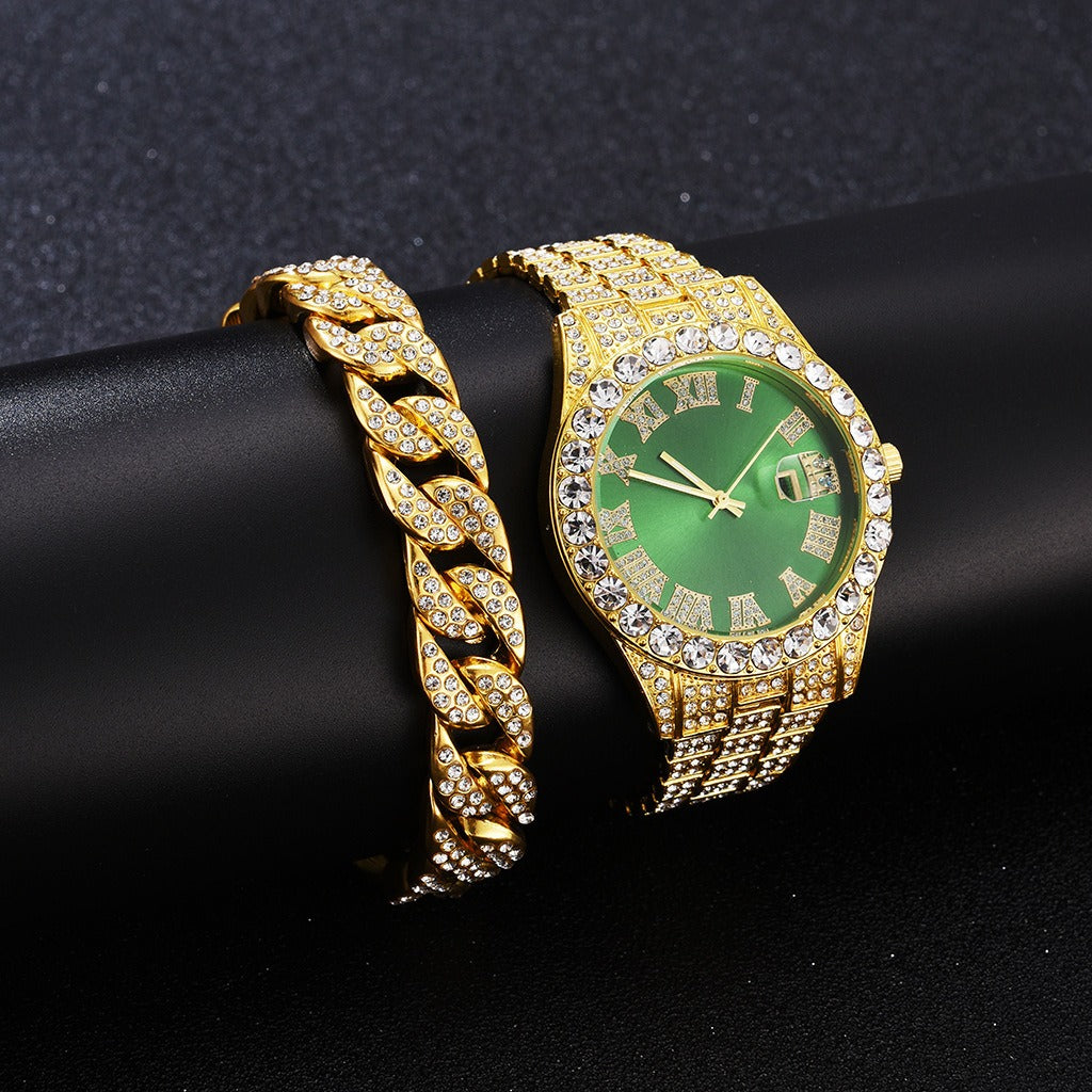 New Full Diamond Fashion Hip Hop Steel Band Watch Chain Gift Box Cuban Bracelet Fashion Gift Men's Watch