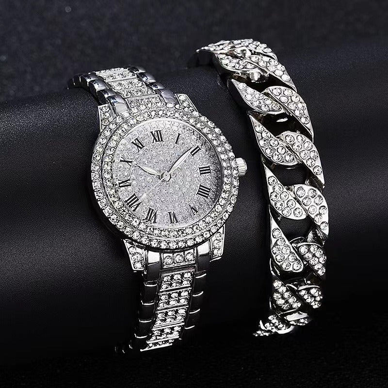 New Full Diamond Fashion Hip Hop Steel Band Watch Chain Gift Box Cuban Bracelet Fashion Gift Men's Watch