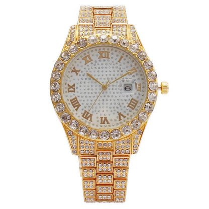 Nuevo reloj con banda de acero Hip Hop a la moda con diamantes completos, caja de regalo con cadena, pulsera cubana, regalo de moda, reloj para hombre