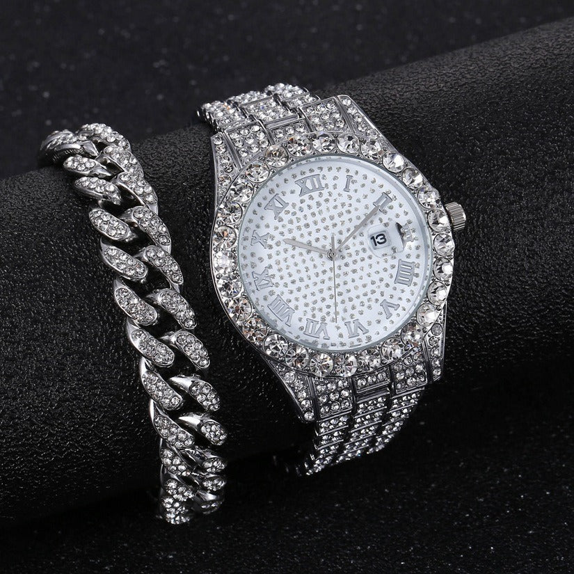 Nuevo reloj con banda de acero Hip Hop a la moda con diamantes completos, caja de regalo con cadena, pulsera cubana, regalo de moda, reloj para hombre