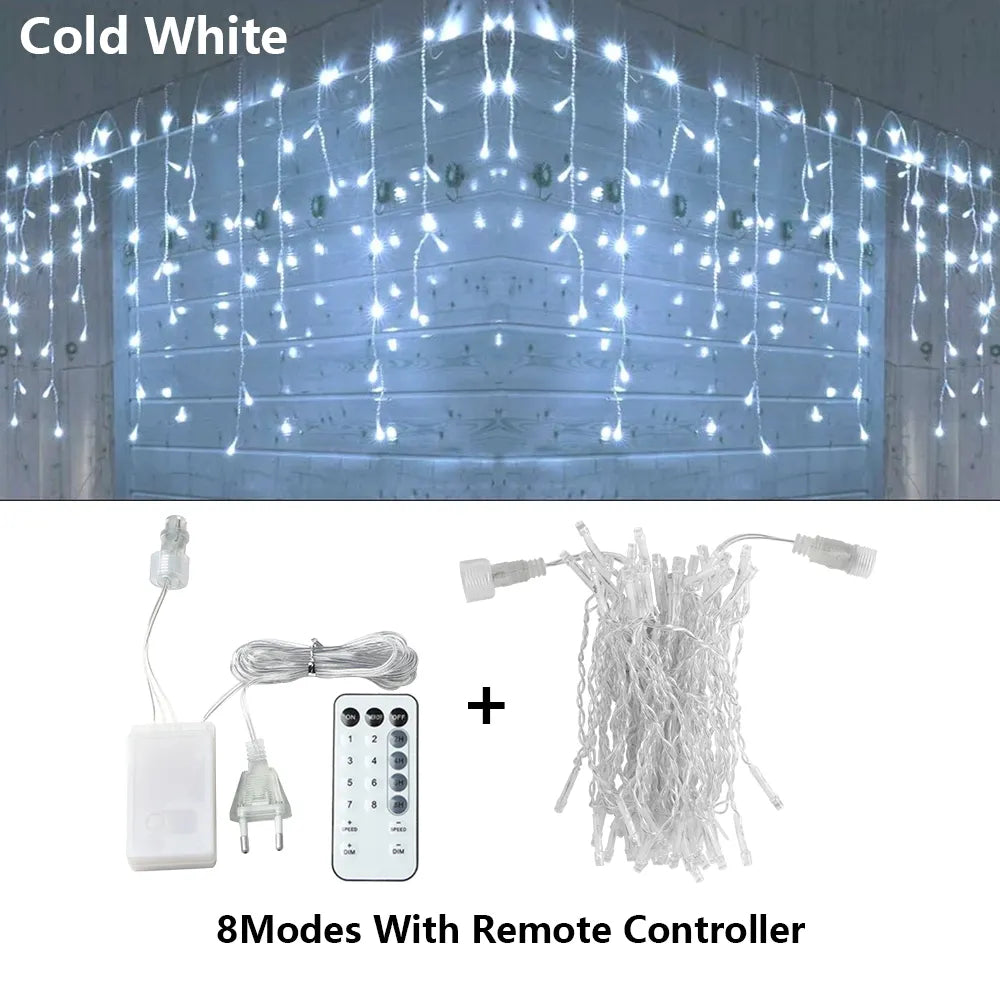 3.5-25M LED Icicle String Lights Christmas Curtain Fairy Lights Garland Remote Outdoor For New Year Wedding Street Holiday Decor