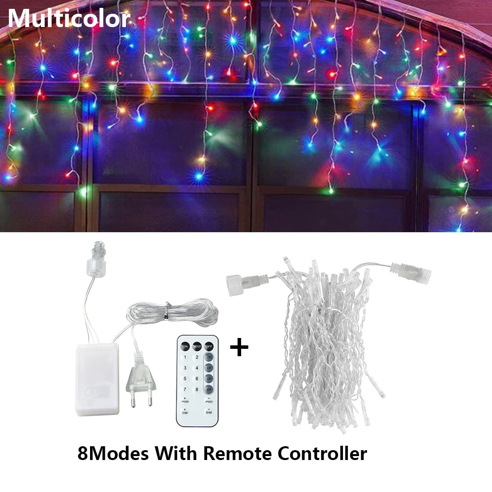 3.5-25M LED Icicle String Lights Christmas Curtain Fairy Lights Garland Remote Outdoor For New Year Wedding Street Holiday Decor