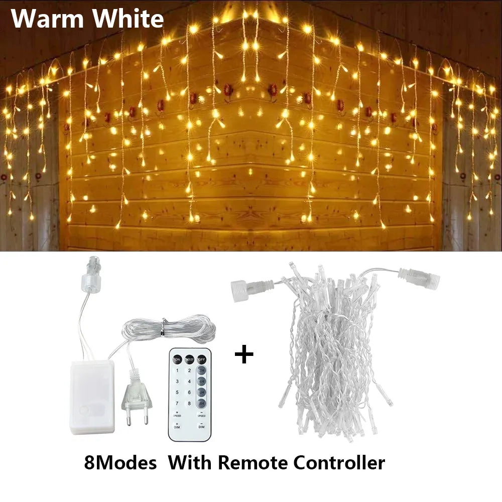 3.5-25M LED Icicle String Lights Christmas Curtain Fairy Lights Garland Remote Outdoor For New Year Wedding Street Holiday Decor